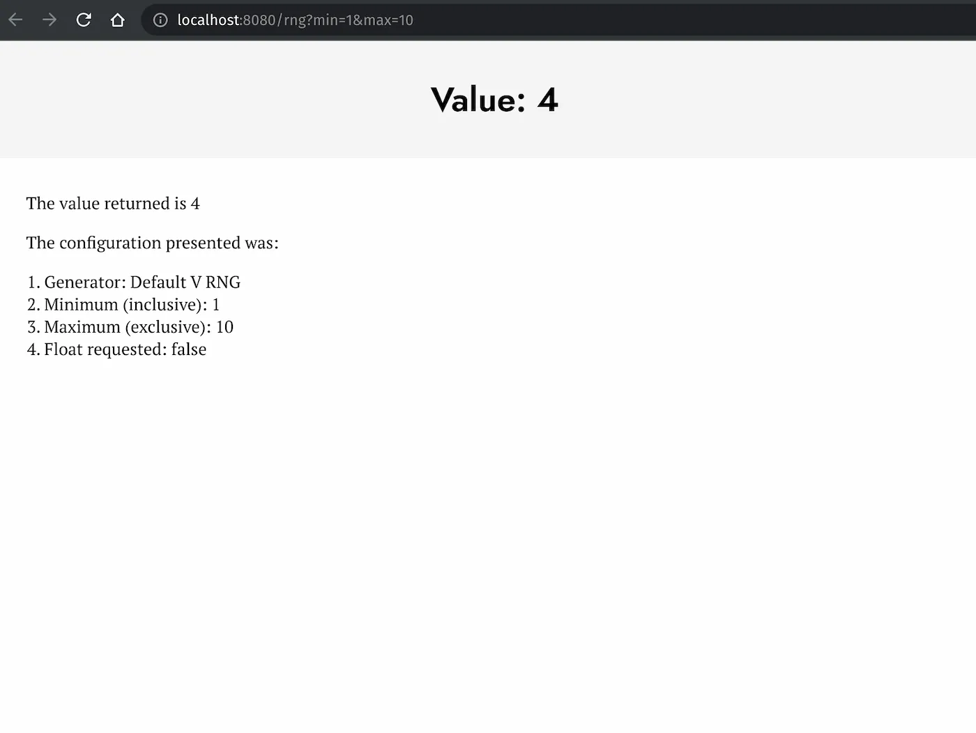 Screenshot showing a sample response of 4 returned by the API at the URL localhost:8080/min=1&max=10